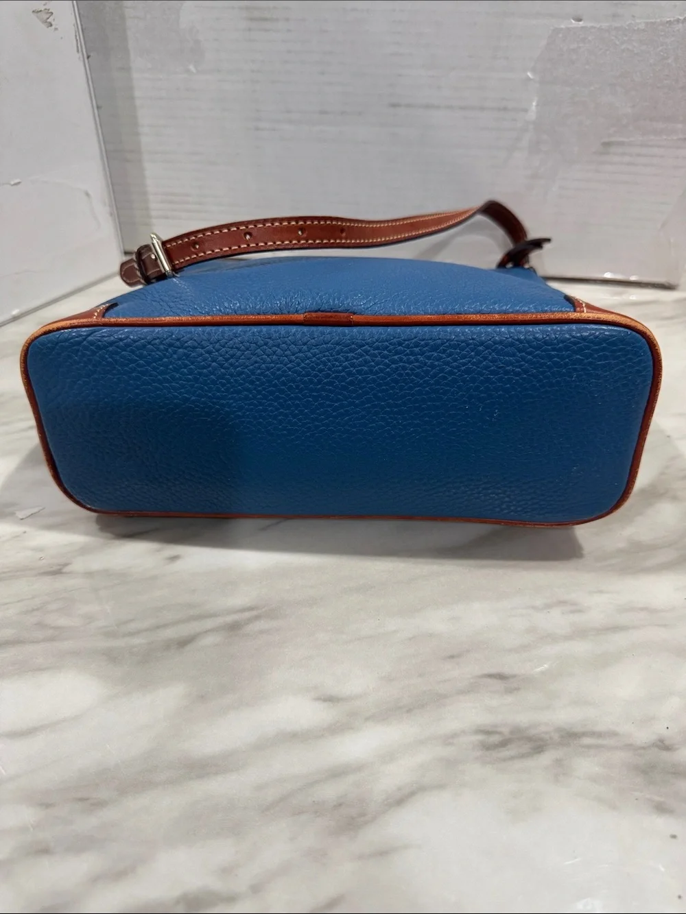 Dooney & Bourke Teal Blue Pebbled Leather Messenger Crossbody with Brown Trim